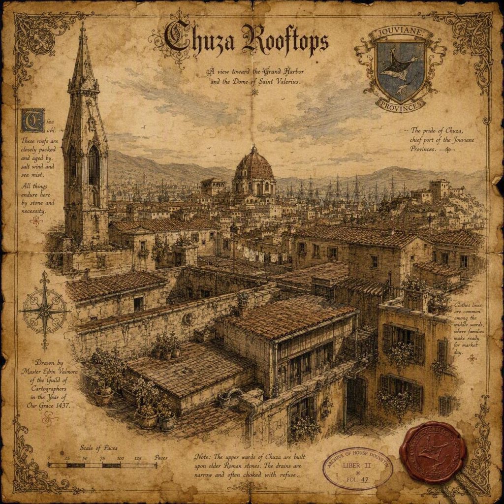 Chuza rooftops, view toward the Grand Harbor