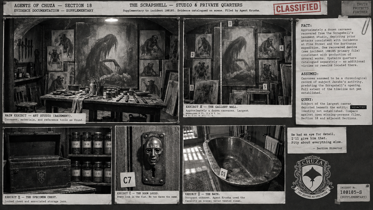 Session 73 incident board, noir, the paintings